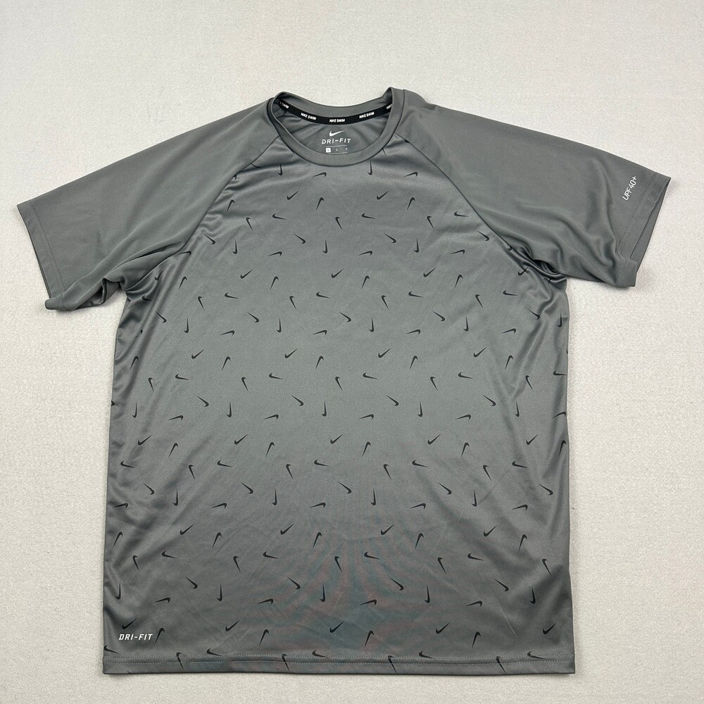 Nike Swim Shirt Men Large Gray All Over Swoosh Print Dri-Fit UPF 40+ Crew L